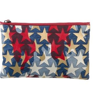 Valentino clutch purse. Denim fabric with leather stars and red camo print